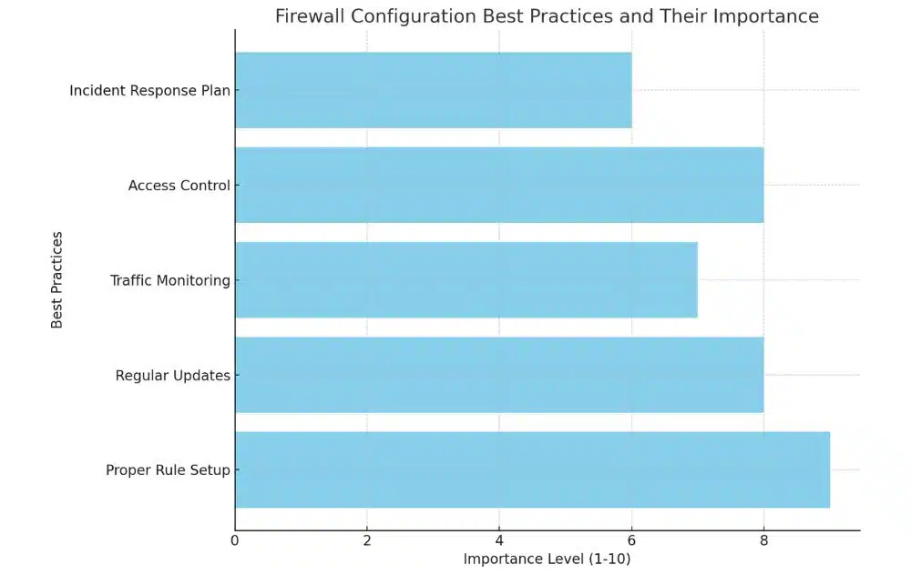 A horizontal bar chart showing the importance levels of firewall configuration best practices such as proper rule setup, regular updates, traffic monitoring, access control, and incident response planning.