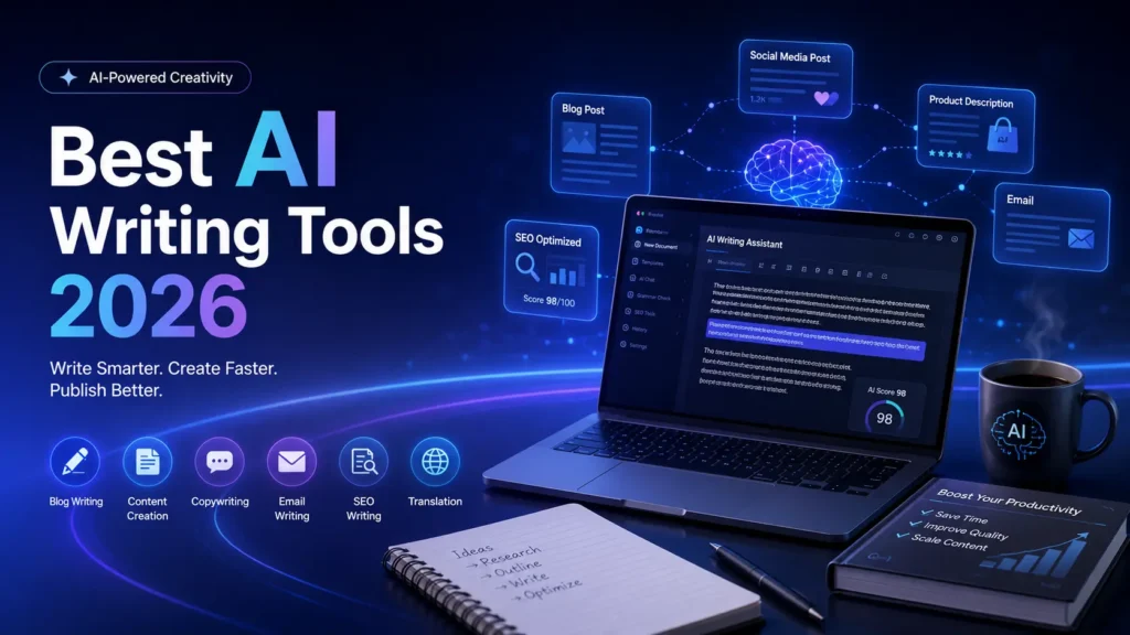 Best AI Writing Tools in 2026: Honest Rankings After Real Testing Best AI Writing Tools 2026 illustration with AI content creation workspace.