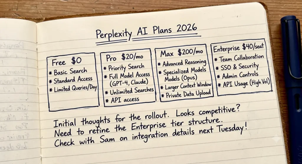 Perplexity AI pricing plans 2026 showing Free, Pro, Max and Enterprise tiers in handwritten diagram