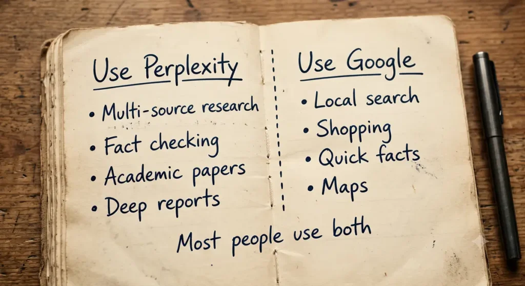 Perplexity AI review 2026 handwritten notes in open notebook with fountain pen on wooden desk Generate all three images, compress at TinyPNG, then place Image 1 after the pricing table, Image 2 inside the vs Google section, and the feature image as the post thumbnail in WordPress.both body images captionsHere are the captions for both images — paste them directly below each image in WordPress: Caption for Image 1 (Pricing diagram): Perplexity AI has six pricing tiers in 2026. Most individual users land on Free or Pro. Max is only worth it if you hit Pro limits regularly. Caption for Image 2 (Perplexity vs Google): Perplexity wins on research depth and citations. Google wins on local, shopping, and speed. Most serious users run both depending on the query type. Keep captions short and factual like this. They serve two purposes — they tell readers what they are looking at, and Google reads them as additional context for the image and surrounding content.